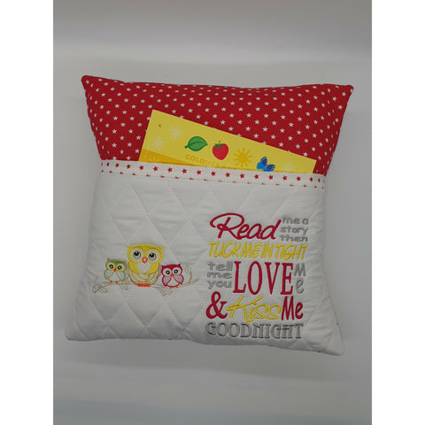 Reading Cushion - Childs Owl Family On Red Stars
